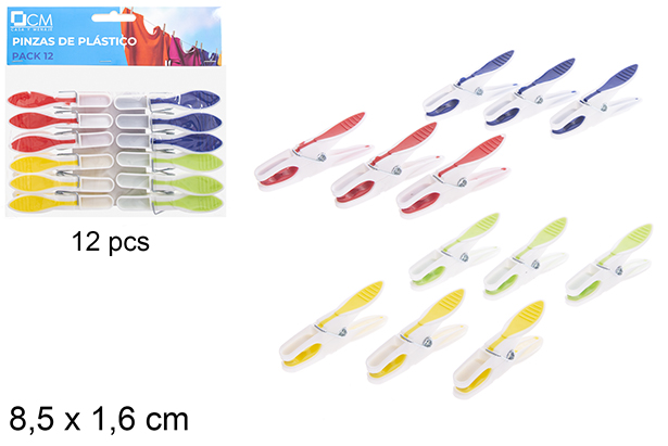 [121345] Pack 12 pinzas plástico color surtido 8,5x1,6 cm
