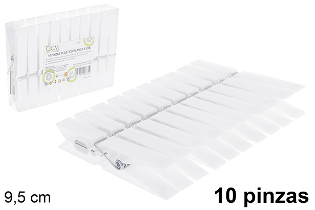Pack 10 white plastic clips 9.5 cm