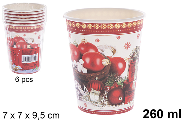 Pack 6 gobelets en papier décorés de Noël 260 ml