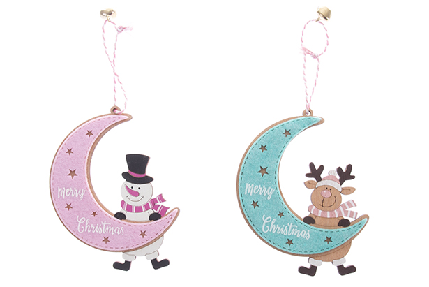 Christmas decorated wooden moon pendant assorted 13x10 cm