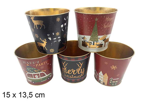 Christmas decorated metal flower pot bucket assorted 15x13,5 cm