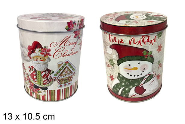 Caja metal redonda decorada Navidad surtida 13x10,5 cm