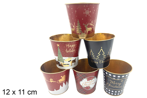 Christmas decorated metal flower pot bucket assorted 12x11 cm