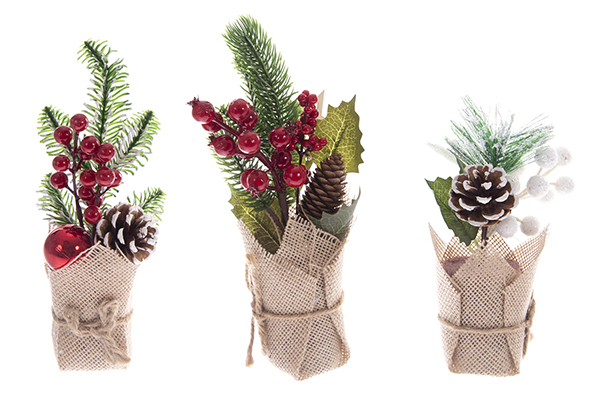 Árbol verde PVC base lino surtido 24/22/20 cm