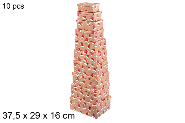 Pack 10 boîtes en carton de Noël décorées de chapeaux 37,5x29x16 cm