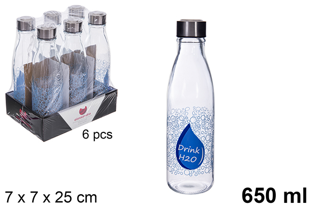 [122384] Botella agua cristal transparente decorada Drink H2O 650 ml