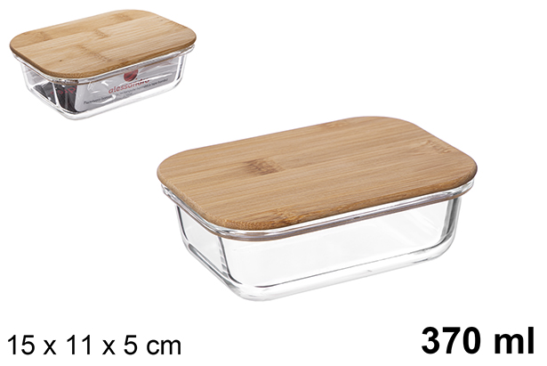 Boîte à lunch rectangulaire en borosilicate avec couvercle hermétique en bambou 370 ml