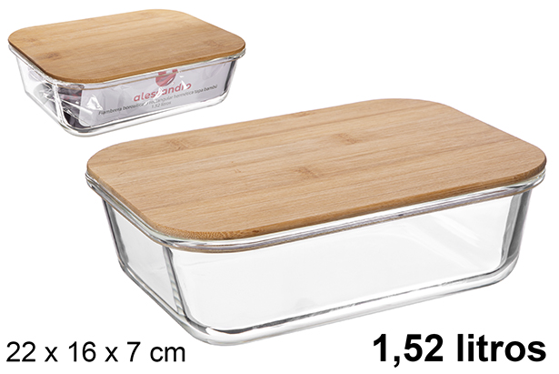 Lancheira retangular de borosilicato com tampa hermética de bambu 1,52 litros