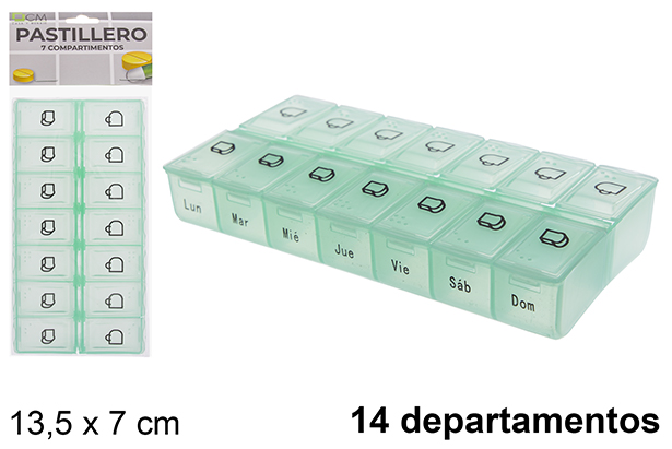 Plastic pill box 14 weekly departments 13,5x7 cm