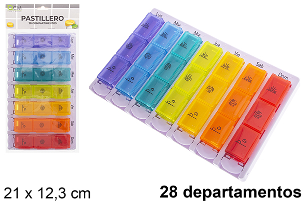 Plastic pill box 28 weekly departments 21x12,3 cm