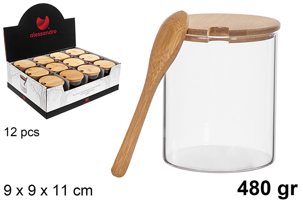 [122538] Zuccheriera in borosilicato con coperchio in bambù e cucchiaino da 480 gr.