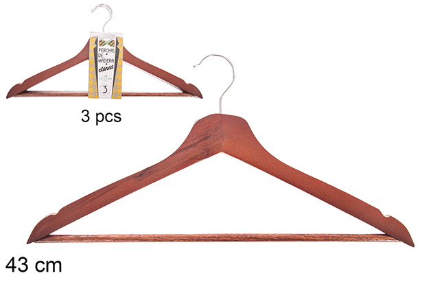 [122551] Pack 3 cintres en bois d'acajou 43 cm
