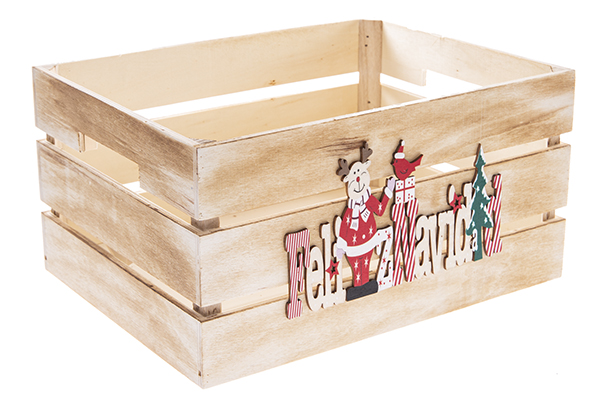 Boîte en bois naturel décorée Feliz Navidad 32x24,5x16 cm