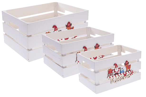 Pack 3 natural wooden boxes decorated Welcome 32x24,5x16 cm