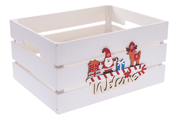 Caixa de madeira natural decorada de boas-vindas 32x24,5x16cm