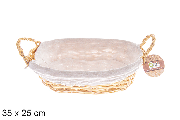 [122578] Oval wicker basket with honey-colored handles with fabric 35x25 cm