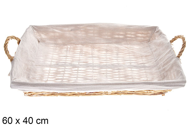 [122582] Rectangular wicker basket with honey-colored handles with fabric 60x40 cm