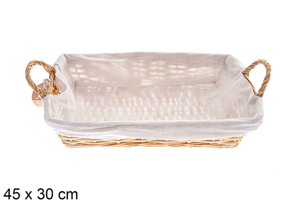 [122583] Panier rectangulaire en osier avec anses couleur miel avec tissu 45x30 cm