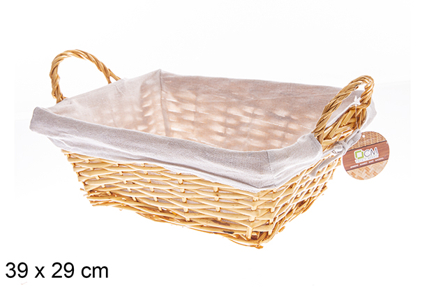 [122584] Cesto rettangolare in vimini con manici color miele con tessuto 39x29 cm