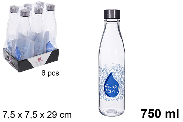 [122599] Gourde en verre transparent décorée Drink H2O 750 ml