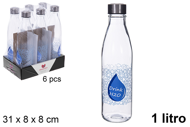 Transparent glass water bottle decorated Drink H2O 1 liter