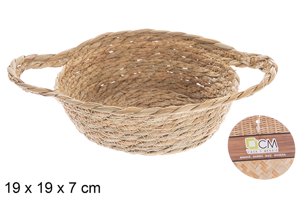 [122603] Panier en jonc de mer rond naturel avec anses 19x19x7 cm