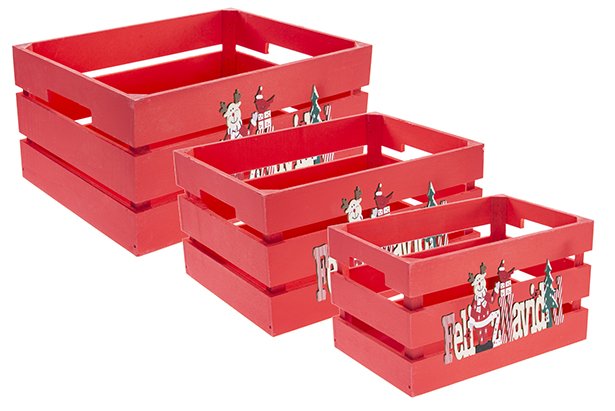 Pack 3 cajas madera roja decorada Feliz Navidad 32x24,5x16 cm