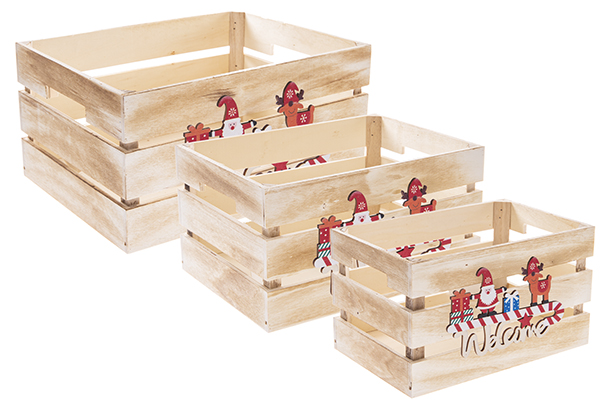 Pack 3 scatole in legno bianco decorato Welcome 32x24,5x16 cm