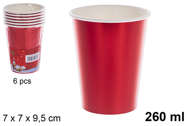 Pack 6 vasos papel color rojo Navidad 260 ml