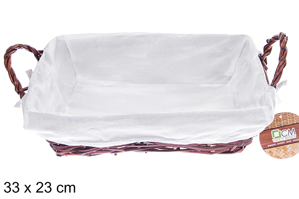 [122687] Panier rectangulaire en osier et tissu en acajou 33x23 cm
