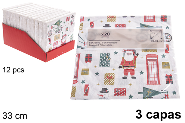 Pack 20 serviettes 3 épaisseurs décorées Noël 33 cm