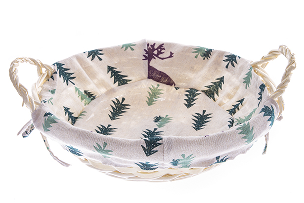 [122731] Cesta mimbre natural redonda con tela Navidad 33 cm