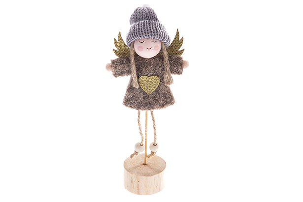 [122763] Figura de anjo de Natal em fato castanho sobre base de madeira 21 cm