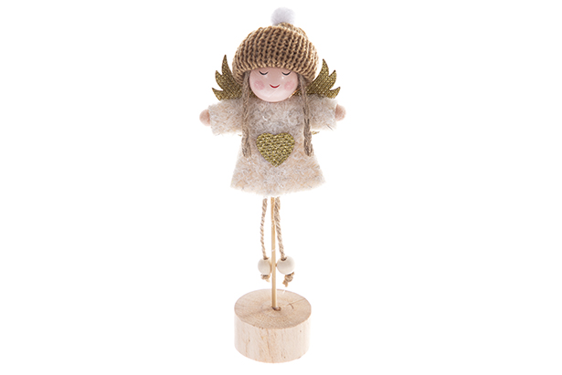 [122765] Figura de anjo de Natal em fato bege sobre base de madeira 21 cm