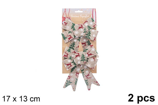 Pack 2 fiocchi natalizi in tela di sacco decorati con renna/albero 17x13 cm