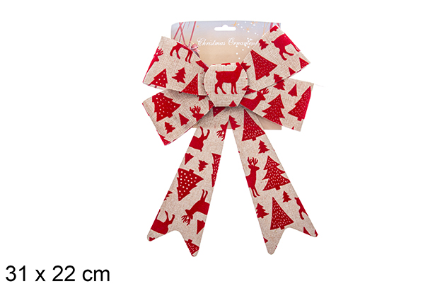 Lazo navidad tela de saco decorado renos/arbol rojo  31x22cm