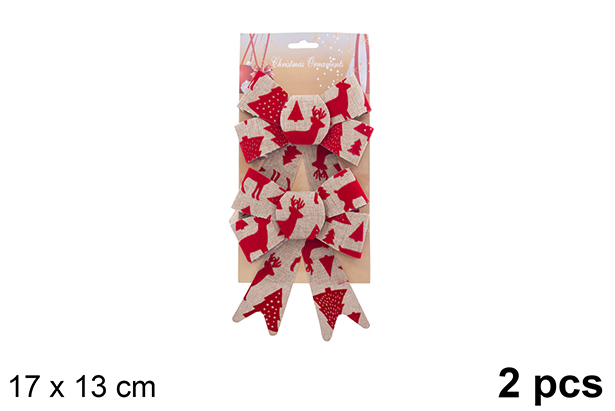 Pack 2 nœuds de Noël en toile de sac décorés de rennes/sapin rouge 17x13cm