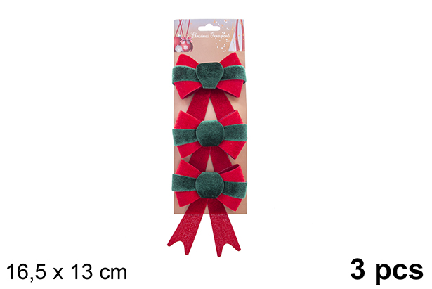 Pack 3 noeuds de Noël tissu rouge/vert 16,5x 13 cm