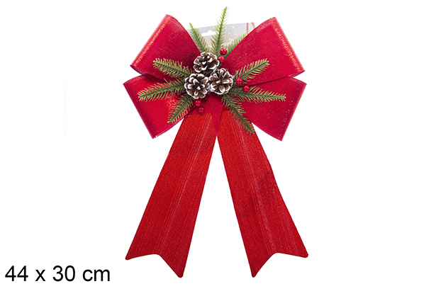 Fiocco natalizio glitter rosso decorato con pigne 44x30 cm