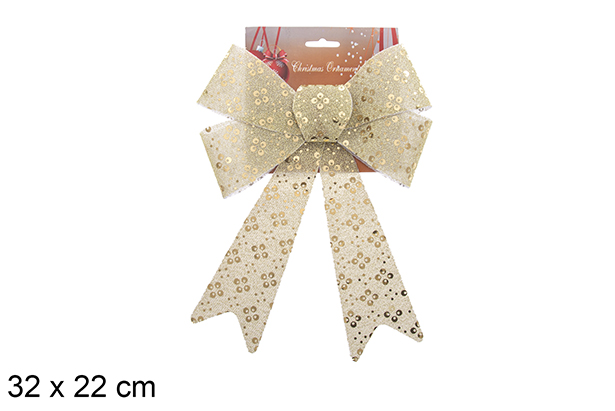 Laço de Natal dourado decorado com glitter 32x22cm