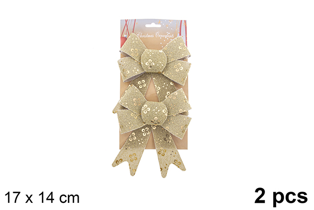Pack 2 fiocchi natalizi dorati decorati glitter 17x14cm