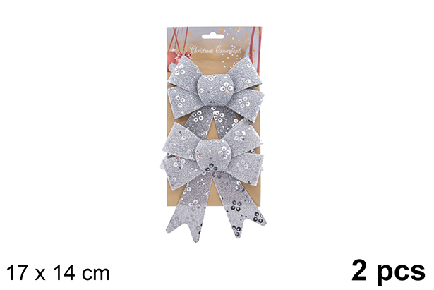 Pack 2 fiocchi natalizi argento decorati glitter 17x14cm
