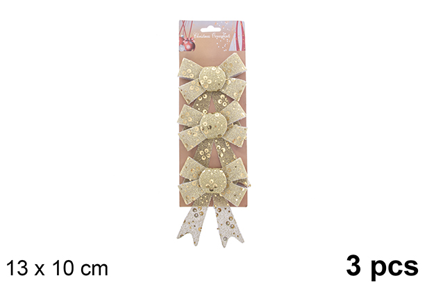 Pack 3 fiocchi natalizi dorati decorati glitter 13x10cm