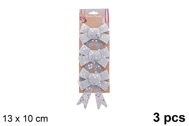 Pack 3 lazo navidad plata decorado brillo 13x10cm