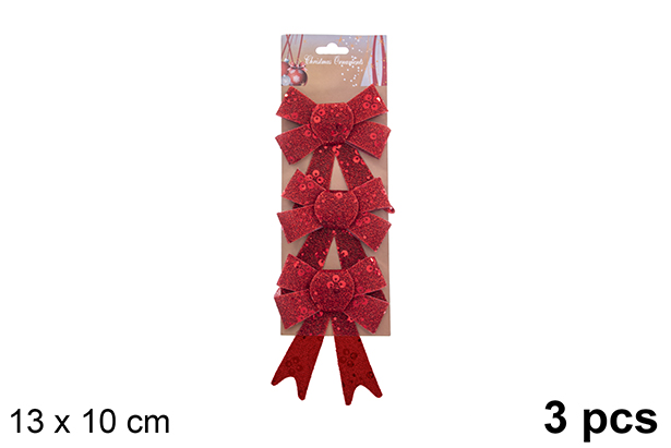 Pack 3 lazo navidad rojo decorado brillo 13x10cm