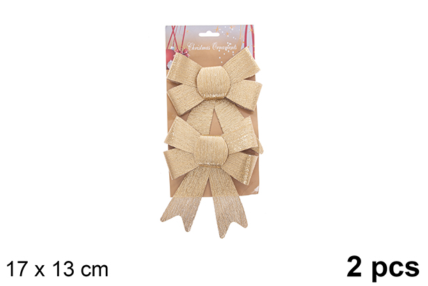 Pack 2 Christmas bows gold glitter effect 17x13cm