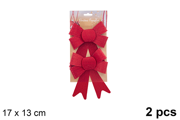 Pack 2 red Christmas bows with glitter effect 17x13cm