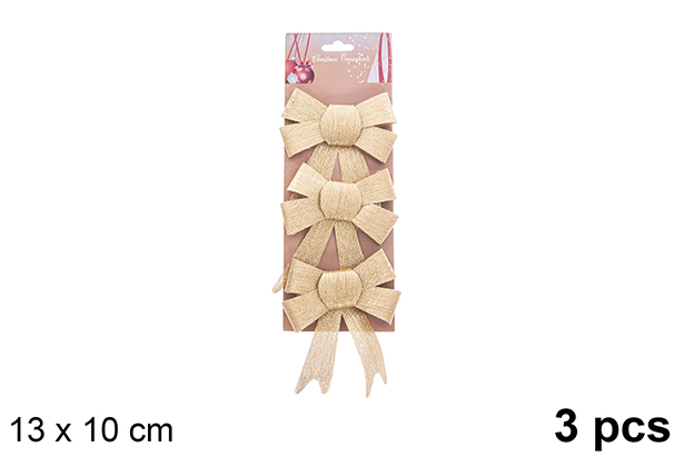 Pack 3 fiocchi natalizi effetto glitter oro 13x10cm