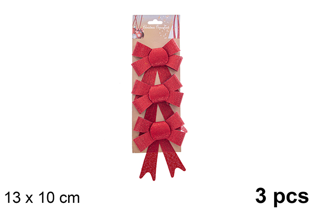 Pack 3 fiocchi natalizi rossi con effetto glitter 13x10cm