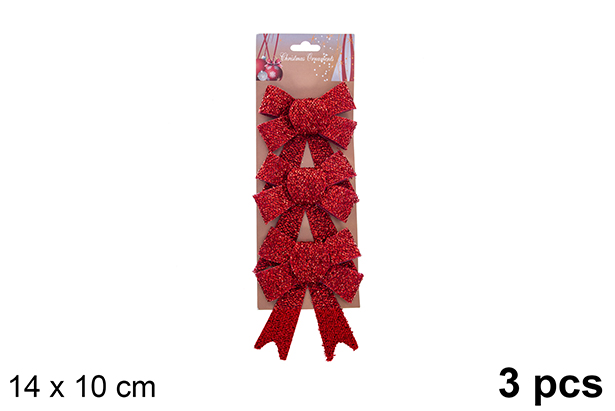 Pack 3 laços de Natal vermelhos brilhantes 14x10cm